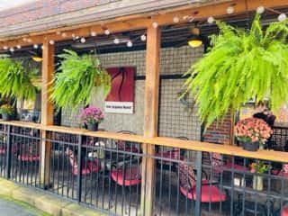 outdoor patio with hanging plants, string lights, and outdoor furniture with The Square Root sign hanging