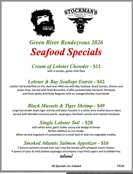 Stockmans GRR Seafood specials 2026