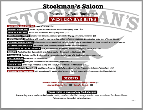 Stockman's Saloon Bar Bites Menu