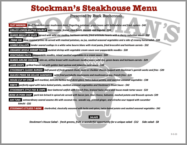 Stockman's Steakhouse Entrees Menu