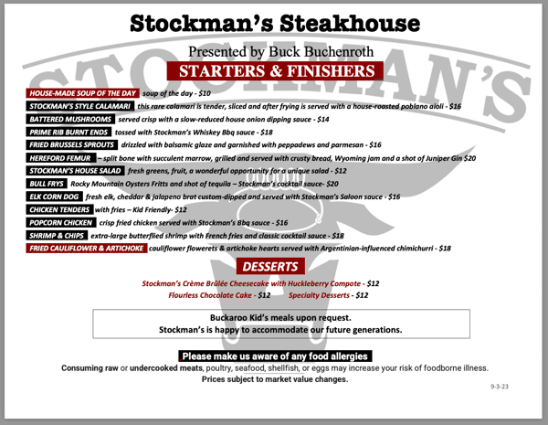 Stockman's Steakhouse Starters and Finishers Menu