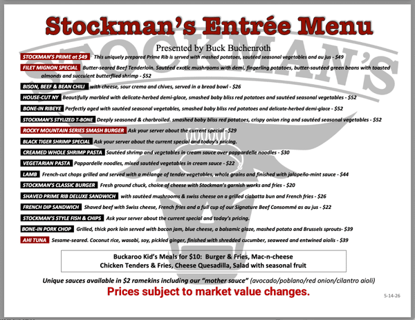 Stockmans Steakhouse menu