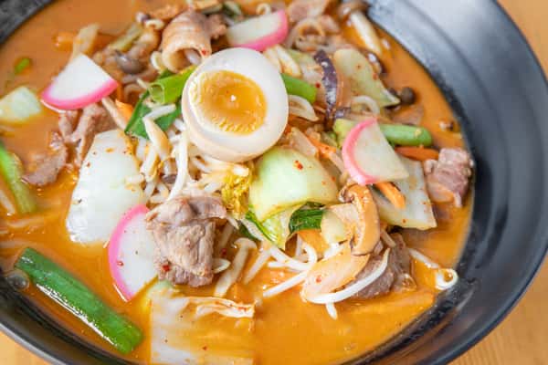Closeup of a bowl of spicy miso ramen
