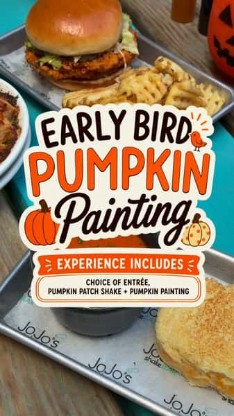 Fall plans = handled 🎃🍂
JoJo’s Pumpkin Painting Experience is back with Early Bird pricing now through September 20th!
Your reservation includes an entrée, Pumpkin Patch Shake + pumpkin painting supplies. Perfect for a fall date night or family outing.
Reserve early & save at JoJo’s ShakeBAR! 🧡
#pumpkin #fall #pumpkinseason #earlybird #halloween