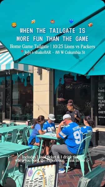 🦁🏈 LIONS FANS, THIS ONE’S FOR YOU! 💙

Kick off game day the JoJo’s way! Join us October 25th at 12pm for our Lions Home Game Tailgate before the Lions take on the Packers! 🏟️

🍔 Game day bites 🥤 Over-the-top shakes & Dirty Sodas 🍻 Ice-cold drinks 🎟️ 2 food & drink tickets included with your experience!

Bring the whole crew, fuel up before kickoff, and get ready to cheer on the Lions! All ages welcome 💙

📍 JoJo’s ShakeBAR Detroit 🦁 Grab your tickets and make JoJo’s your pre-game destination!

#detroitlions #lionstailgate #districtdetroit #detroit #thingstodoindetroit