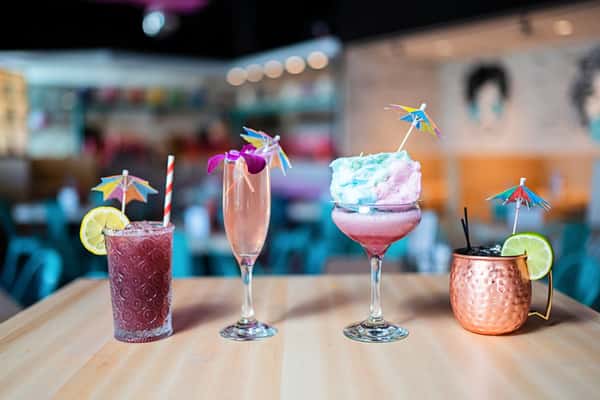 JoJo's Zero Proof cocktails - Blueberry Ginger & Juice, Sixteen Candle, Trix are 4 Kids, and Princess Peach Mule
