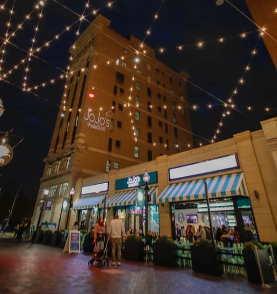 The store front of JoJo's shakeBAR in Detroit at night. Located on Columbia Street in Downtown Detroit