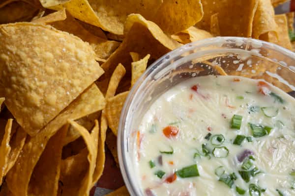 Chips and queso dip with melted white cheese, tomatoes, and green onions served with crispy tortilla chips