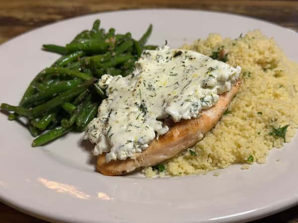 Salmon topped with Lemon Dill Goat Cheese