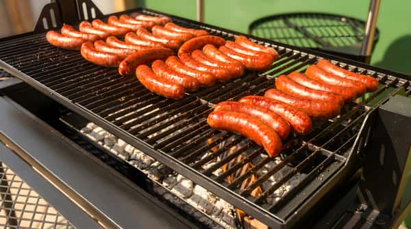 Sausages grilling on a charcoal BBQ with green background.