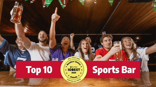 Group of sports fans cheering with logo on top