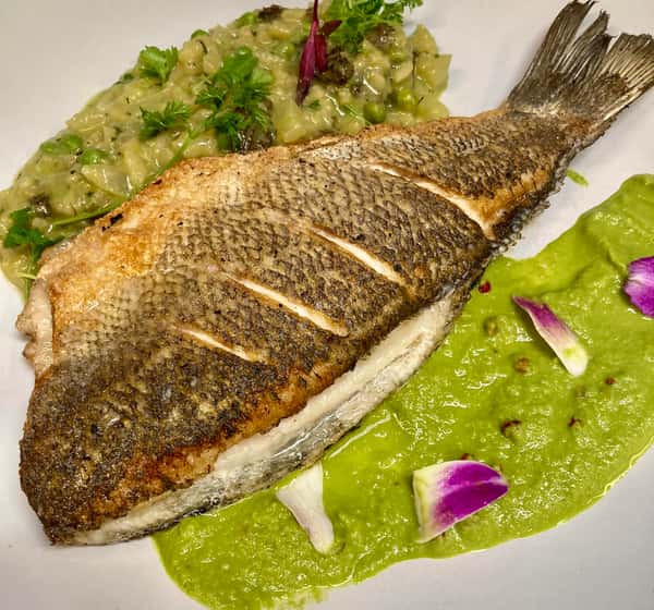 Pan-seared whole fish served with creamy green pea purée, vegetable risotto, and garnished with edible flower petals.