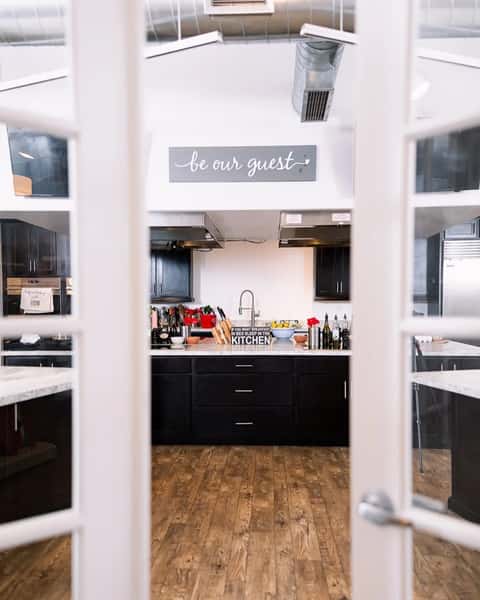French doors opening in the cooking classes space