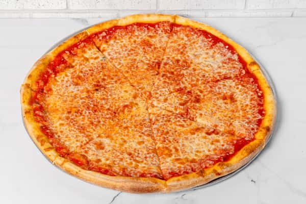 Classic New York style cheese pizza with golden crust and melted mozzarella on a round pie