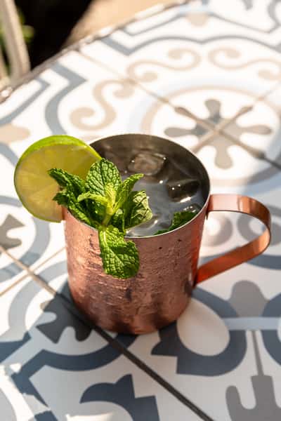 Icy Moscow Mule cocktail in a copper mug, garnished with fresh mint leaves and a lime wheel, served on a patterned tile table.