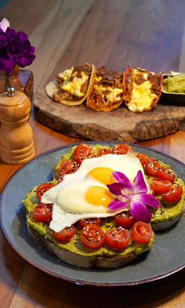 Avocado toast topped with cherry tomatoes, sunny-side-up eggs, and a purple orchid, with a background plate of tacos filled with scrambled eggs and meat.
