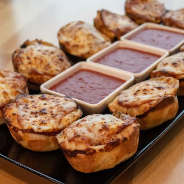 Sicilian Pizza Sliders with marinara dipping sauce