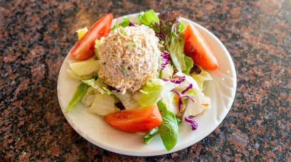 Tuna salad scoop on mixed greens with tomato wedges, on a white plate on a speckled brown surface.