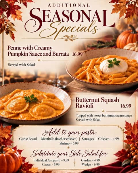 New fall specials starting tonight! 

Which one are you trying first?

#fallspecials #butternutsquashravioli #pumpkinpasta #pumpkinsauce