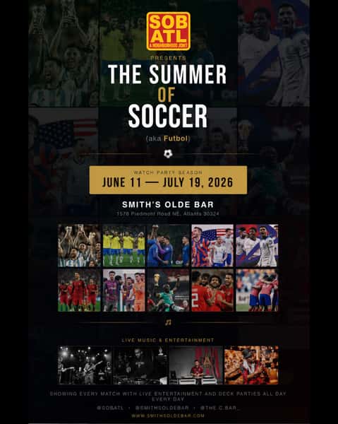 graphic for World Cup watch party at Smith's Olde bar in midtown atlanta, showing every match