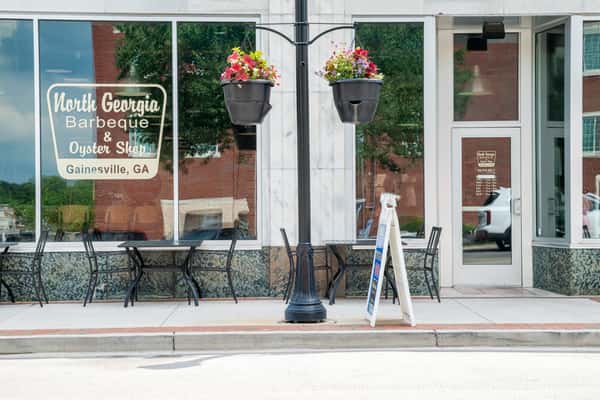 North Georgia BBQ restaurant storefront in Gainesville, Georgia, with welcoming downtown charm