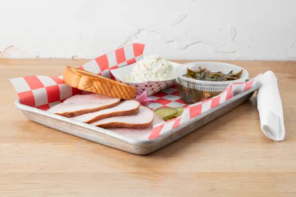 Smoked turkey barbecue plate with Southern sides and Texas toast at North Georgia BBQ