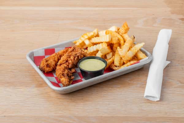 Kid's chicken fingers served with crinkle-cut french fries and dipping sauce in a metal tray at North Georgia BBQ restaurant