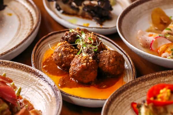 Prime Beef Meatballs with Mushrooms Confit + Foie Gras Emulsion