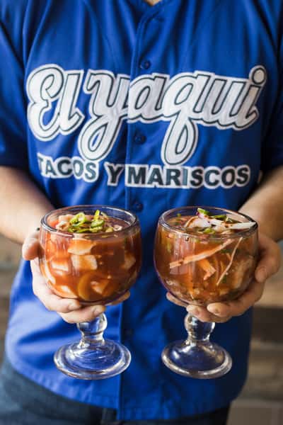 Seafood cocktail served in goblet glasses