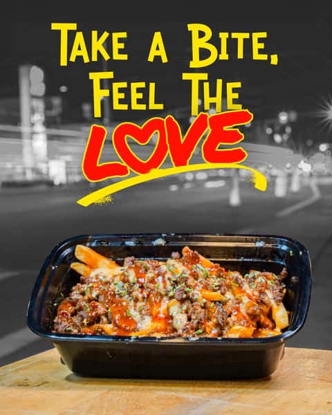 FryDay Feel the Love graphic with loaded fries from the Van Nuys food truck