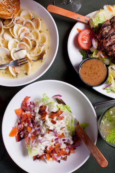 Steak, pasta, salad