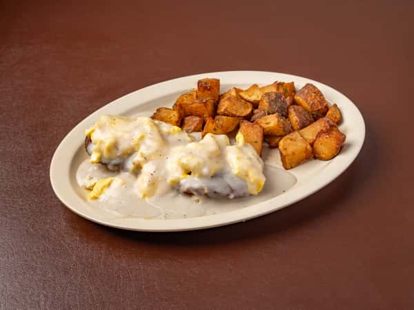 11. Open Biscuit with 2 Sausage Patties and 2 Scrambled Eggs, All Topped with Gravy