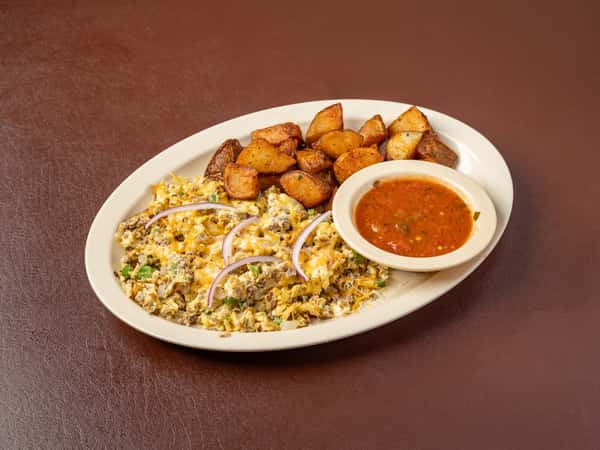 10. 2 Crambled Eggs with Ground Beef, Onions, Bell Peppers & Cheese
