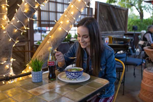 scottsdale patio dining woman eating tortilla soup