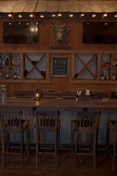 A rustic bar features wooden chairs, shelves of alcohol, and a mounted bull head. A chalkboard sign advertises "$2 PBR ALL DAY EVERYDAY TALL CANS".