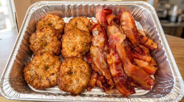 Sausage patties and crispy bacon strips in a foil container.