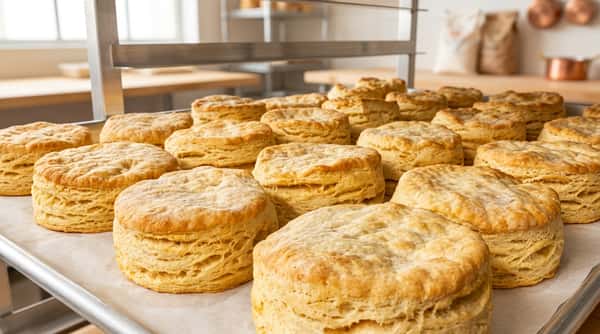Tray of freshly baked biscuits with golden brown tops and flaky layers.