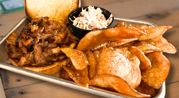 VLB BBQ Pulled Pork Sando with Slaw and Truffle Parm Chips