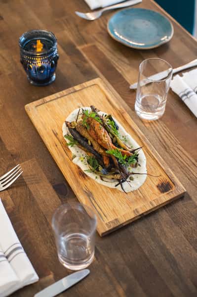 A meal displayed on a cutting board