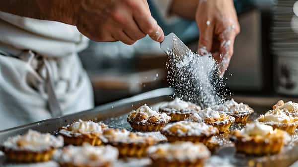Chef dusting powdered sugar over freshly baked mini fruit tarts on a bakery tray, showcasing golden pastry crusts and delicate whipped cream in a professional kitchen setting, highlighting artisanal dessert preparation and gourmet café ambiance.