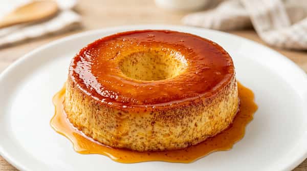 Traditional Brazilian flan topped with rich caramel sauce, featuring a smooth and creamy custard texture.