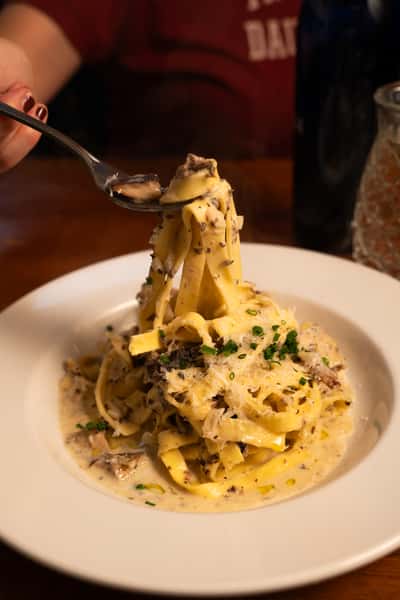 A fork lifts a serving of fettuccine pasta with creamy sauce and shaved Parmesan, garnished with chopped chives. The plate is filled with more pasta.