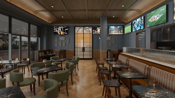 Here are SEO-friendly alt text options for each image, written to enhance accessibility while highlighting the restaurant's ambiance, layout, and sports-bar vibe. Since no specific brand or keywords were provided, the descriptions stay accurate and visually descriptive without assumptions. Image 1 – Dining Area with TVs Alt text: "Modern sports bar dining area with marble-top tables, green upholstered chairs, and multiple wall-mounted TVs showing live sports in a stylish, open interior." Image 2 – Bar Area Alt text: "Upscale sports bar with a long marble bar, high stools, backlit liquor shelves, and large TVs displaying live games in a contemporary restaurant setting." Image 3 – Lounge Seating Area Alt text: "Contemporary sports lounge featuring booth seating, small marble tables, warm wood floors, and multiple TVs for game-day viewing in a relaxed restaurant atmosphere.