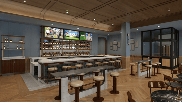 Upscale sports bar with a long marble bar, high stools, backlit liquor shelves, and large TVs displaying live games in a contemporary restaurant setting