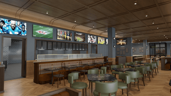 "Modern sports bar dining area with marble-top tables, green upholstered chairs, and multiple wall-mounted TVs showing live sports in a stylish, open interior.