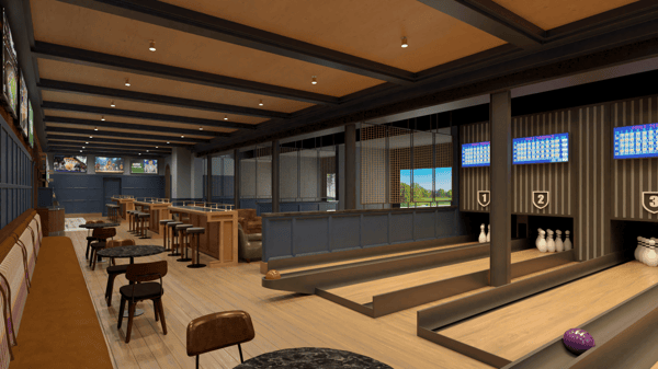 Contemporary sports entertainment venue featuring indoor bowling lanes, marble-top tables, booth seating, and multiple TVs in a stylish restaurant setting.
