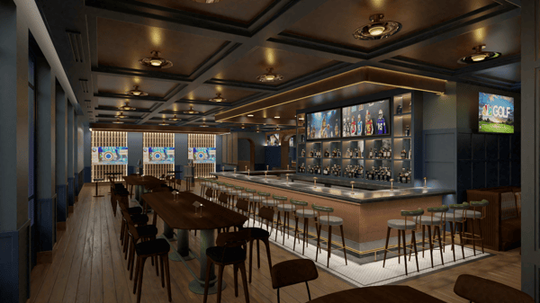 Modern cocktail bar with a large illuminated island bar, high-top seating, wall-mounted TVs, and a sleek lounge atmosphere for social dining and drinks.