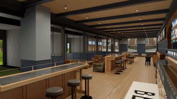 Modern sports lounge with a long wood bar, high stools, leather seating, warm lighting, and wall-mounted TVs creating a refined game-day atmosphere.