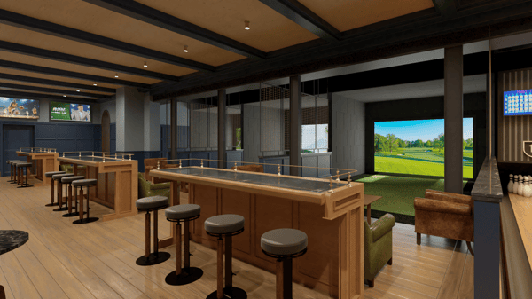 Upscale sports bar interior with communal high-top tables, leather lounge seating, and an indoor golf simulator screen in a modern entertainment-driven restaurant.