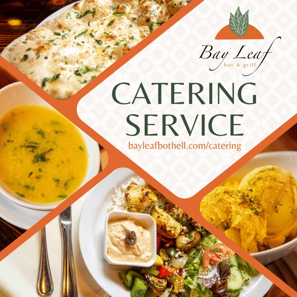 Various catering dishes, and the Bay Leaf logo. Text: Catering Service